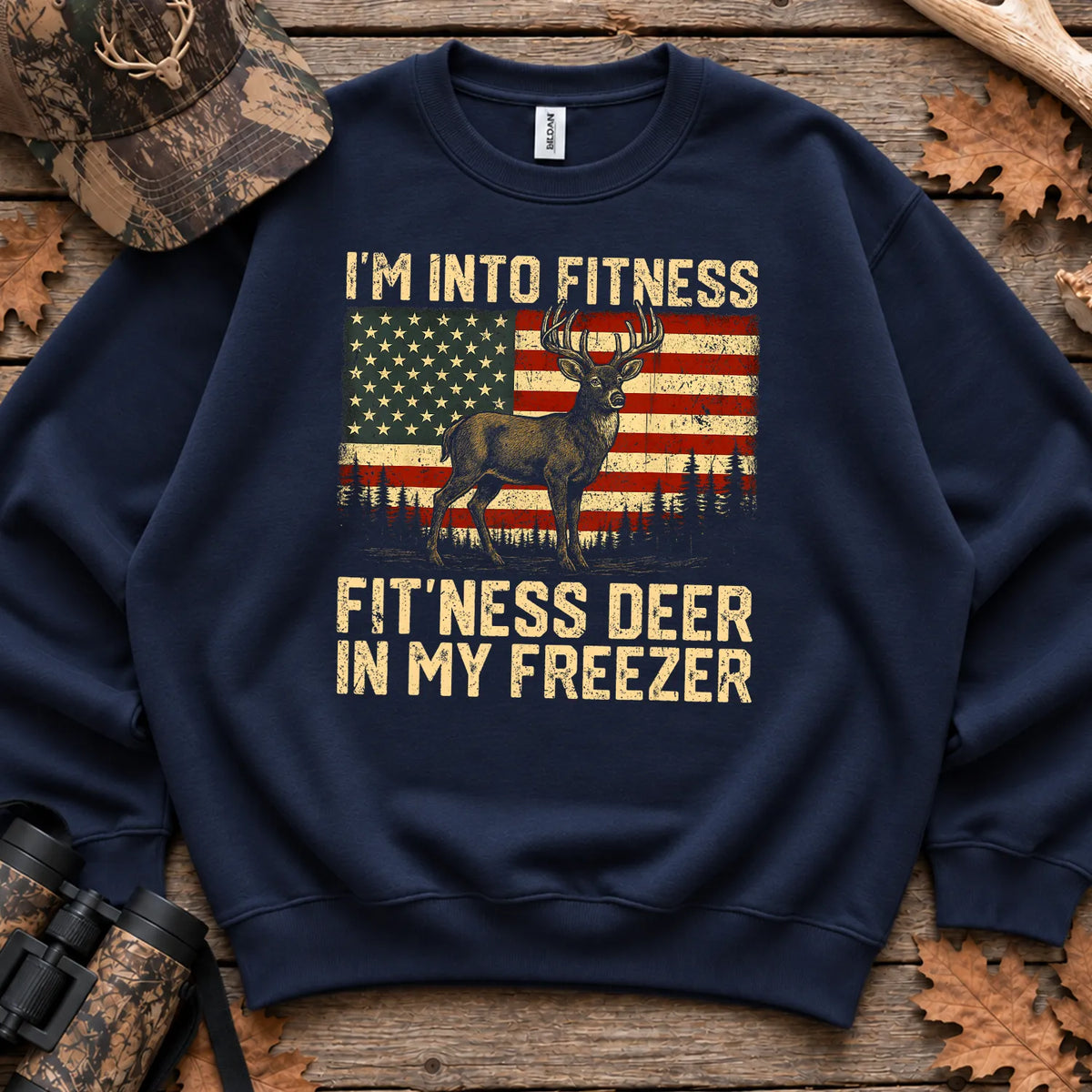 Patriotic Fitness Deer Freezer Sweatshirt in Navy