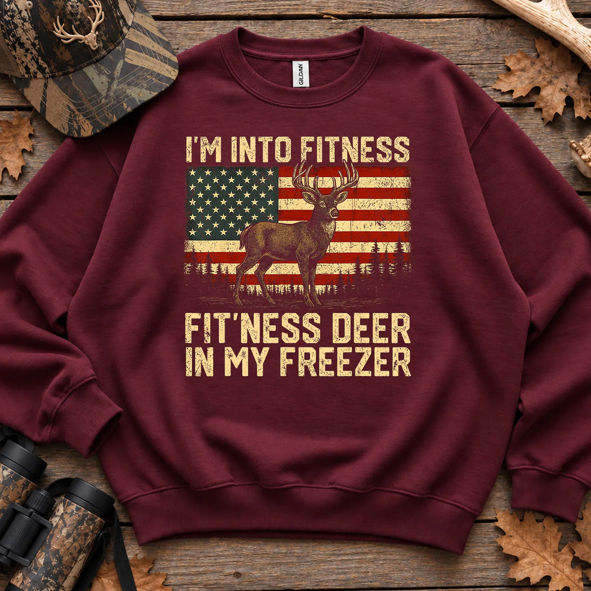 Patriotic Fitness Deer Freezer Sweatshirt in Maroon
