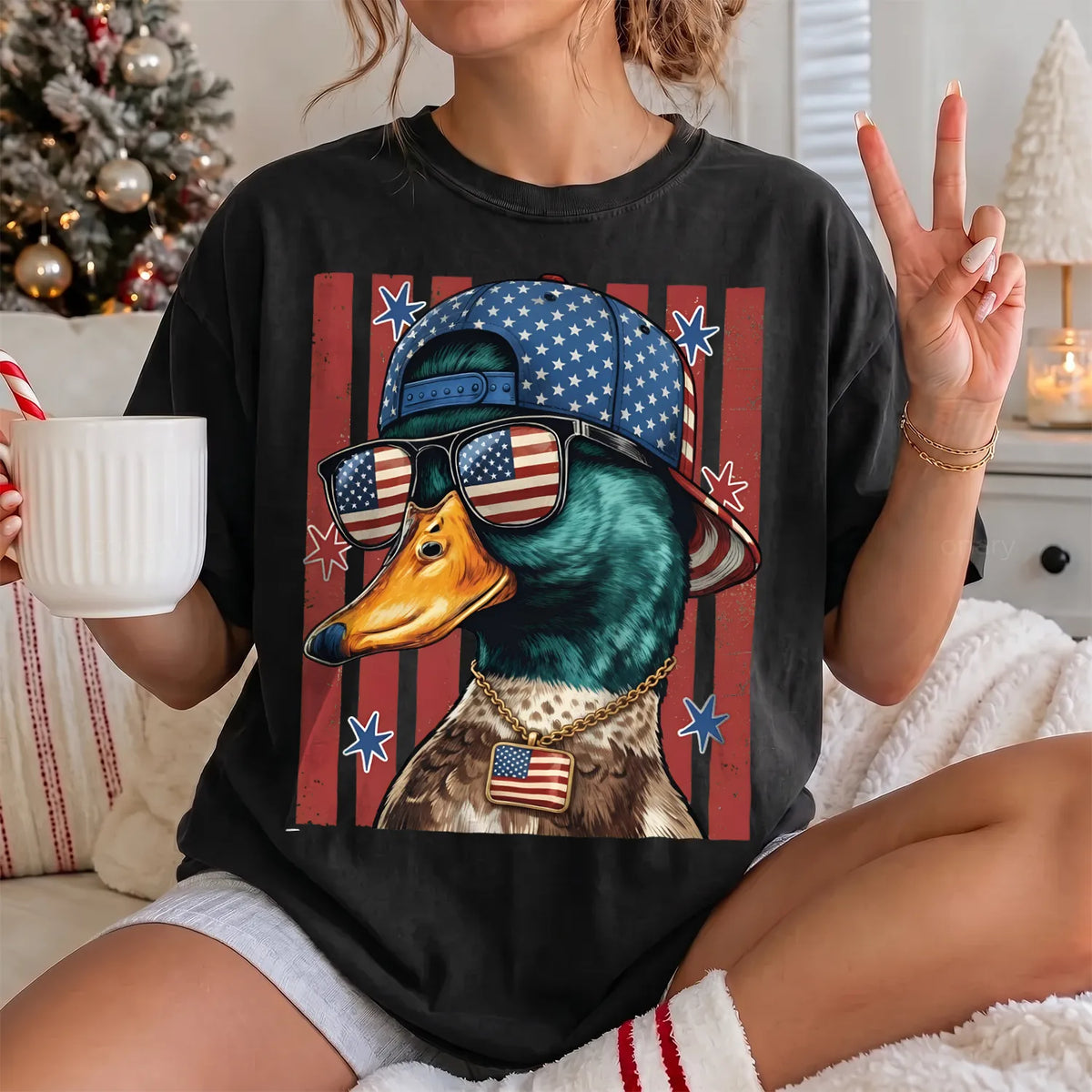 Patriotic Merica Mallard T-Shirt Women model in Black