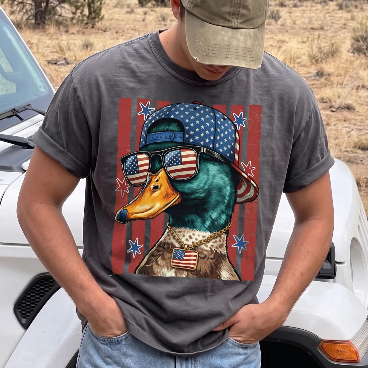 Patriotic Merica Mallard T-Shirt Men model in Pepper