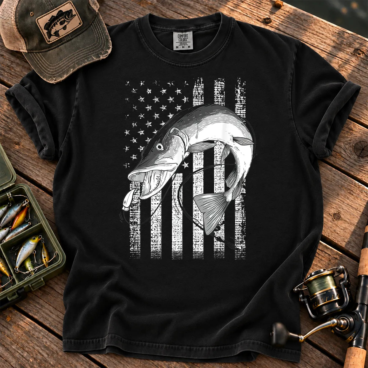 Patriotic Muskie Fishing T-Shirt in Black
