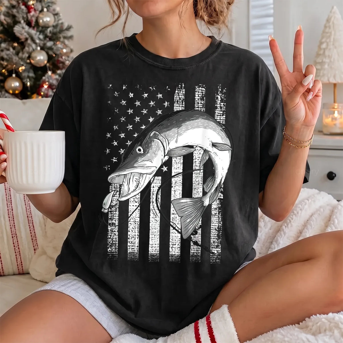 Patriotic Muskie Fishing T-Shirt Women model in Black