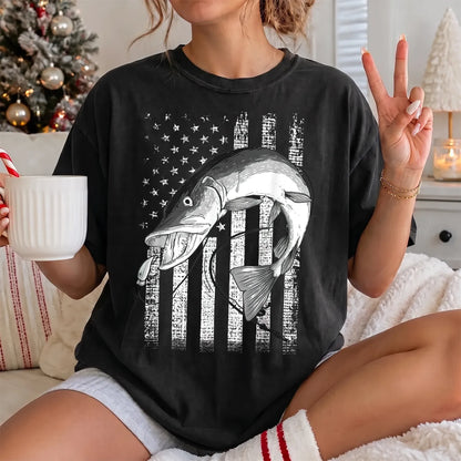 Patriotic Muskie Fishing T-Shirt Women model in Black