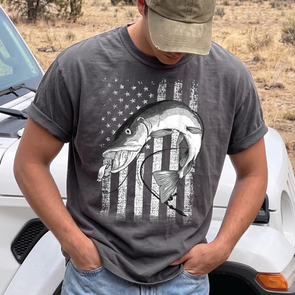 Patriotic Muskie Fishing T-Shirt Men model in Pepper