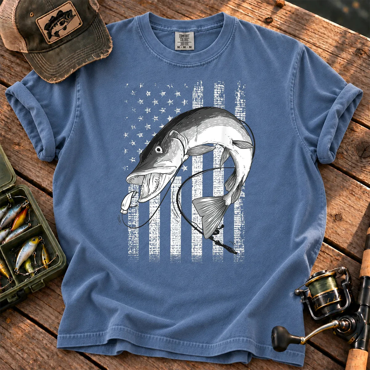 Patriotic Muskie Fishing T-Shirt in Blue Jean