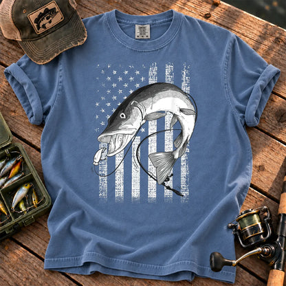 Patriotic Muskie Fishing T-Shirt in Blue Jean