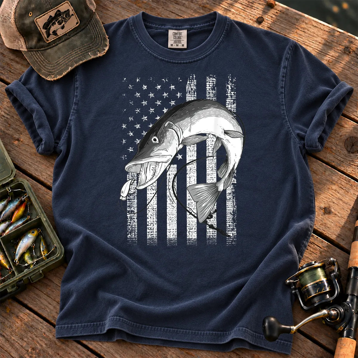Patriotic Muskie Fishing T-Shirt in True Navy