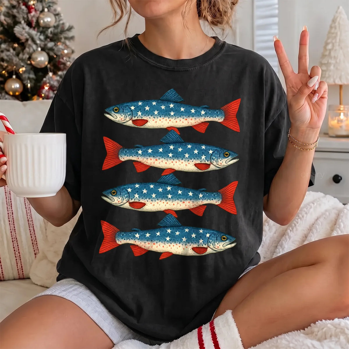 Patriotic Trout Row T-Shirt Women model in Black