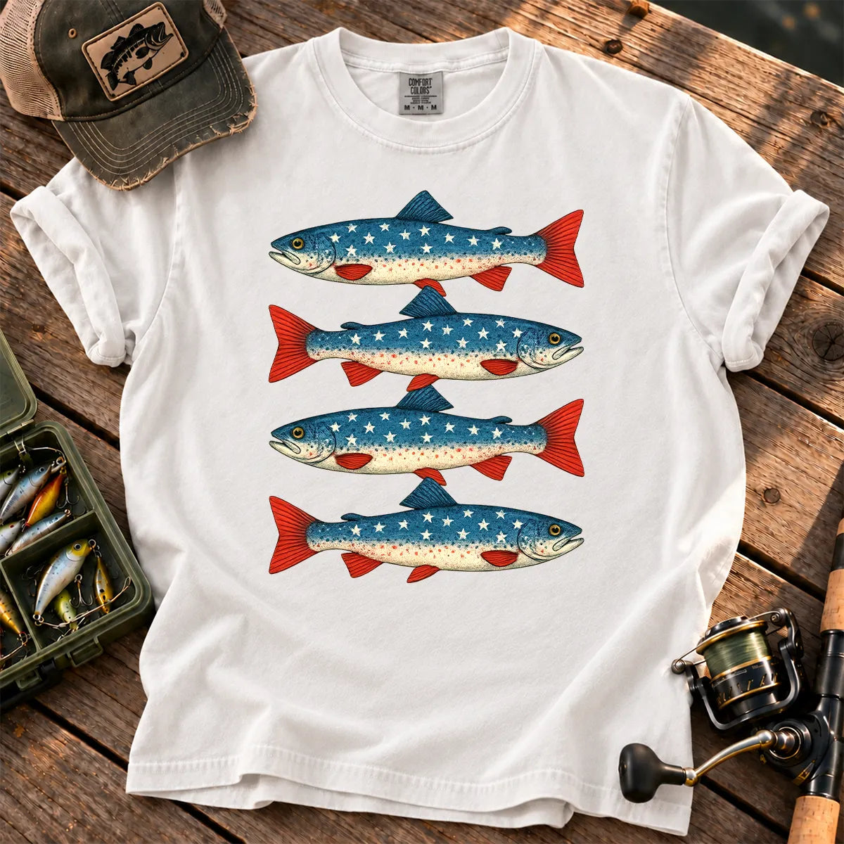 Patriotic Trout Row T-Shirt in White