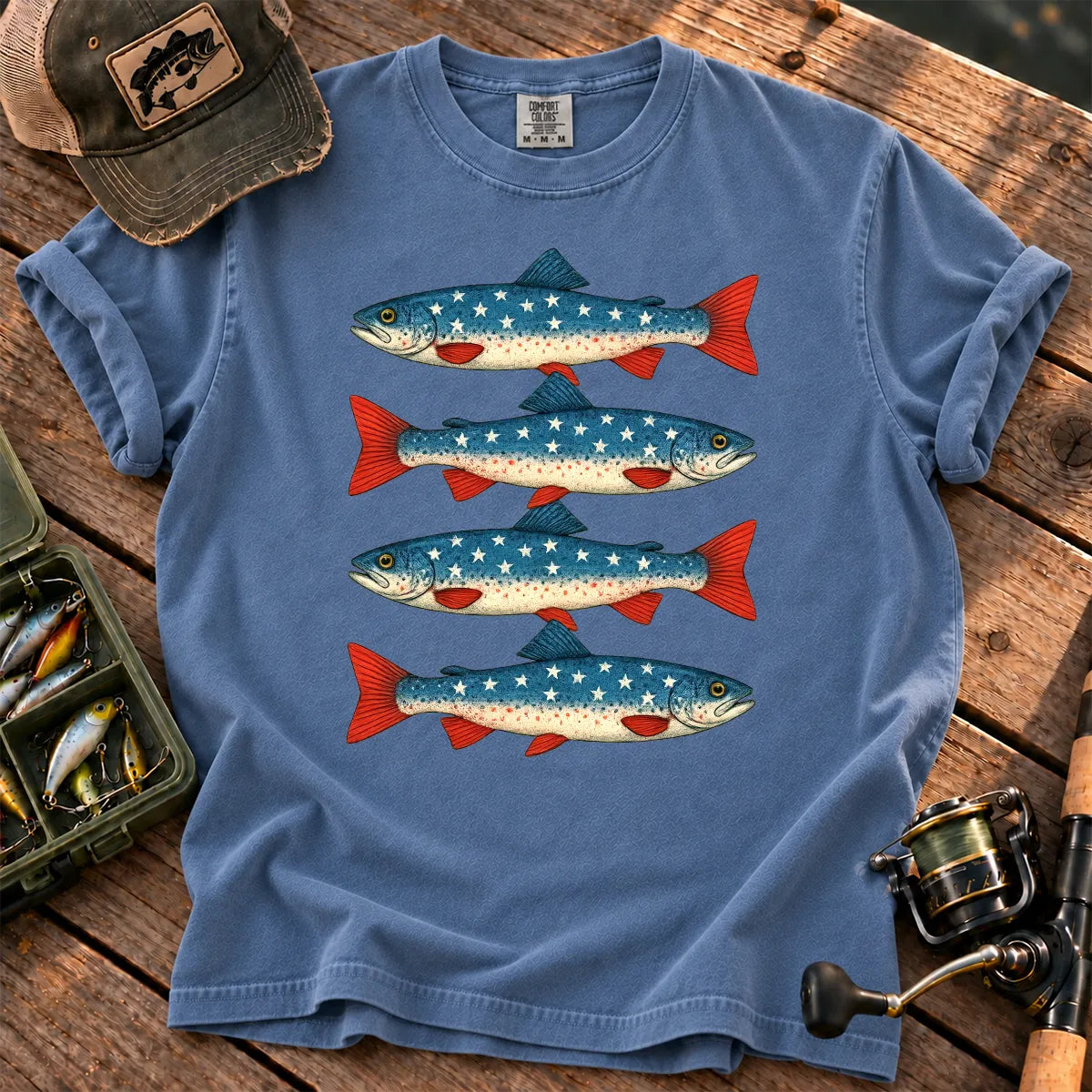 Patriotic Trout Row T-Shirt in Blue Jean