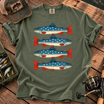 Patriotic Trout Row T-Shirt in Moss