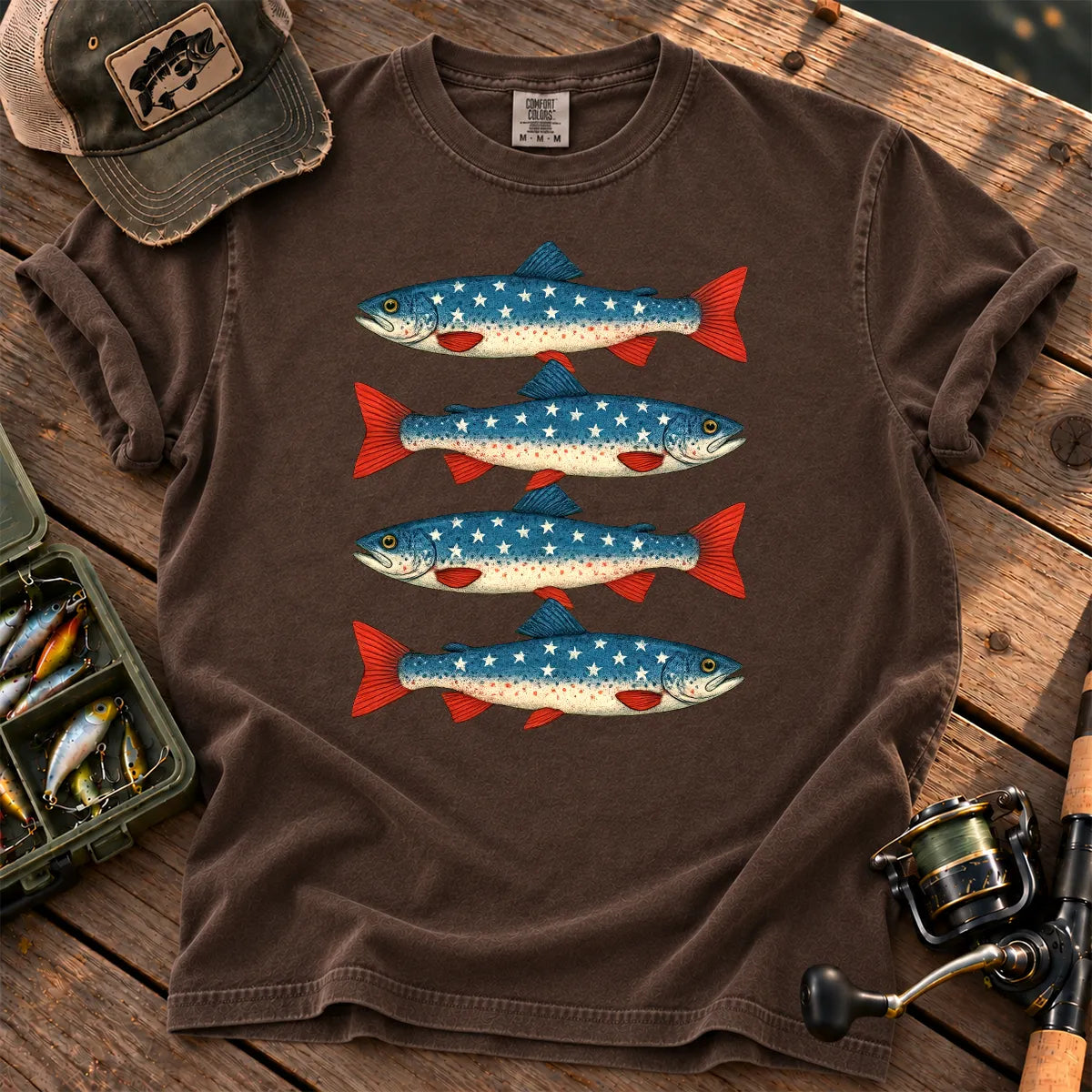 Patriotic Trout Row T-Shirt in Espresso
