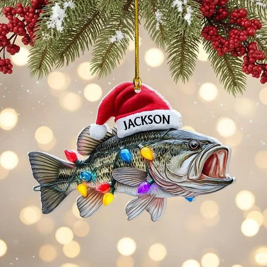 Personalized bass fishing Christmas ornament with a Santa hat, custom name, and colorful holiday lights