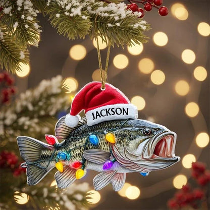 Personalized bass fishing Christmas ornament with Santa hat and lights hanging on a holiday tree