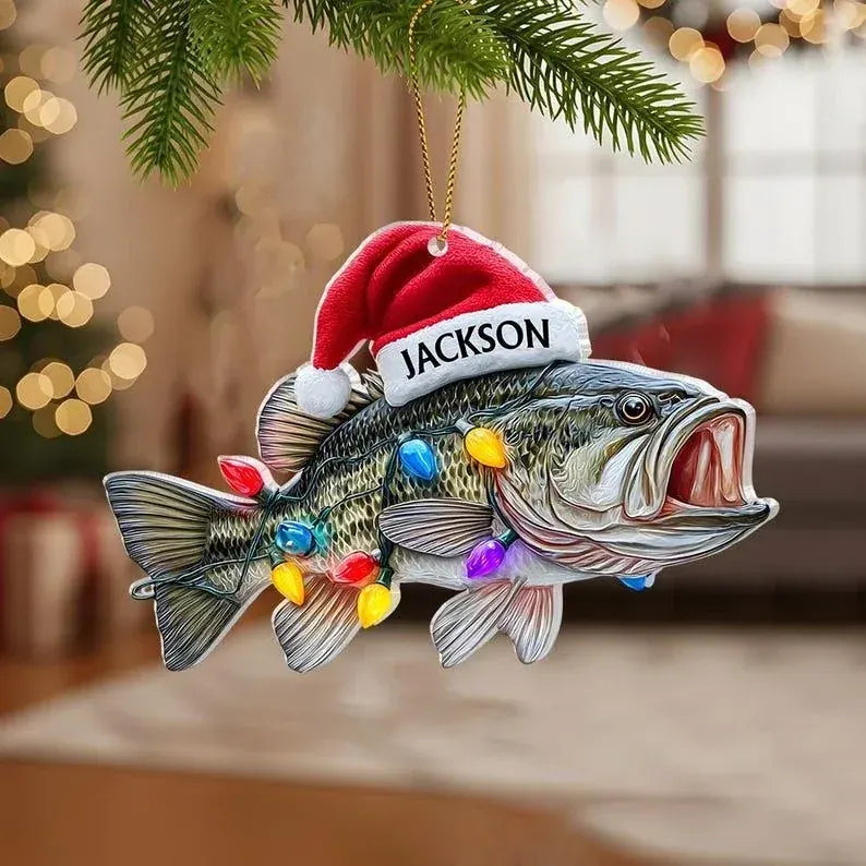 Personalized bass Christmas ornament with custom name displayed in a festive interior