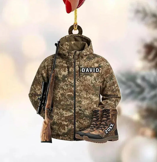 Personalized camo hunter jacket ornament with a custom name patch, scoped long gun, and boots