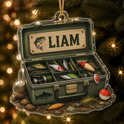 Personalized green fishing tackle box ornament with a custom name, lures, bobbers, and fishing gear