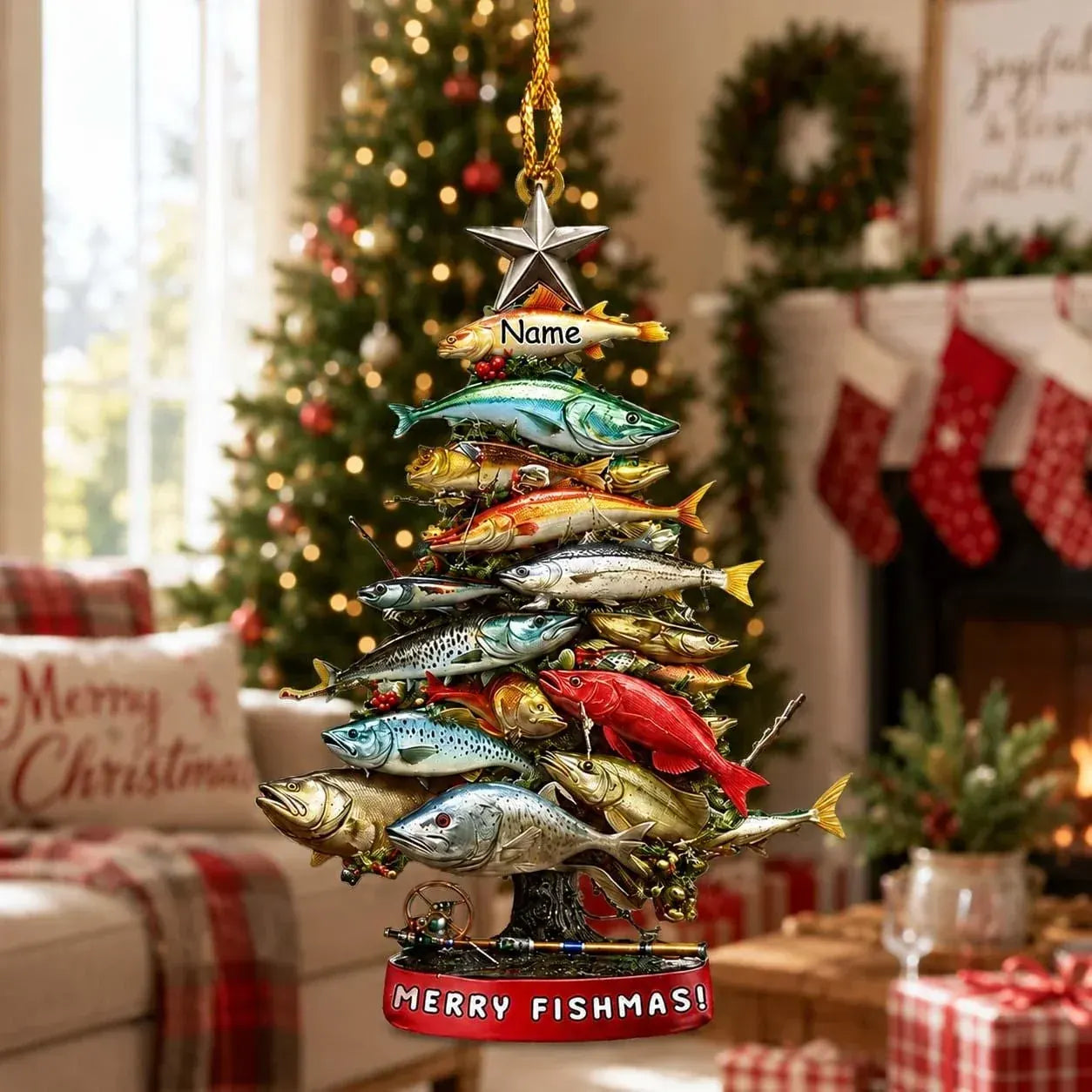 Personalized Merry Fishmas fish tree ornament with a custom name, silver star, and stacked colorful fish