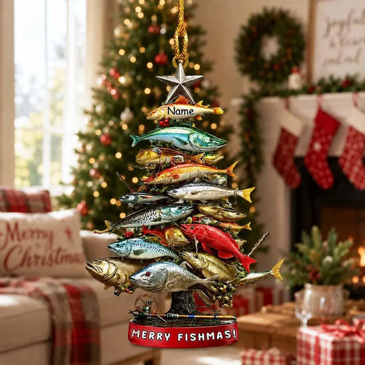 Personalized Merry Fishmas fish tree ornament with a custom name, silver star, and stacked colorful fish