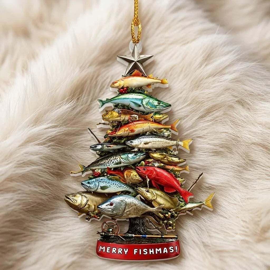 Personalized Merry Fishmas fish tree ornament displayed on a soft white holiday setting