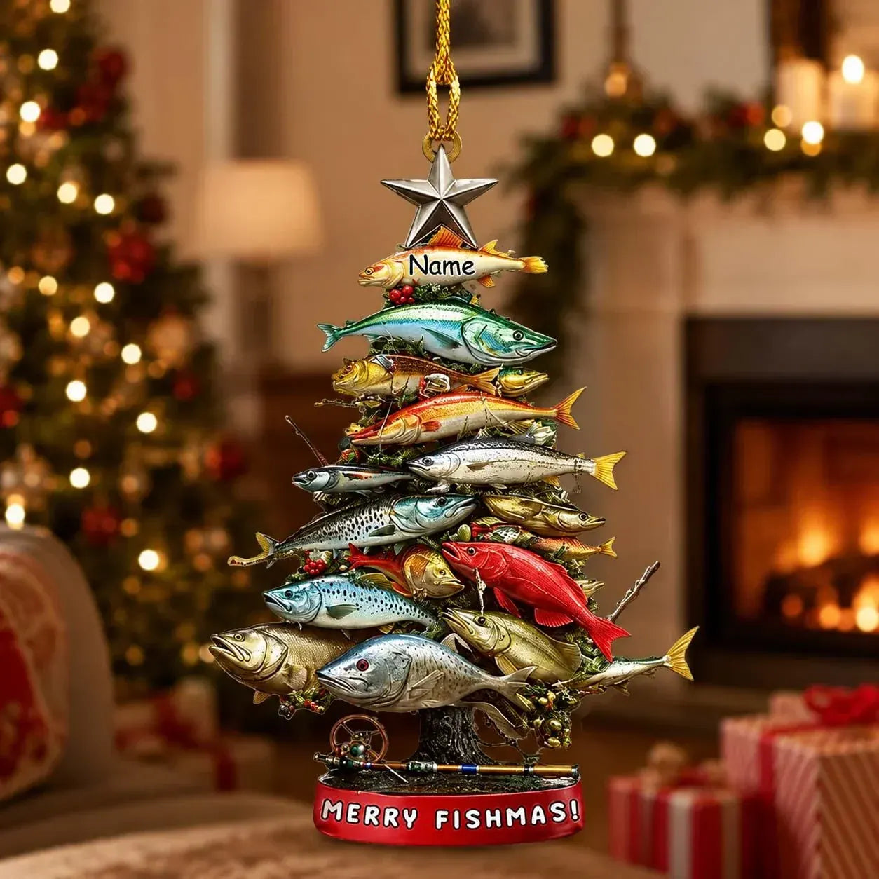 Personalized Merry Fishmas fish tree ornament hanging in a warm Christmas living room