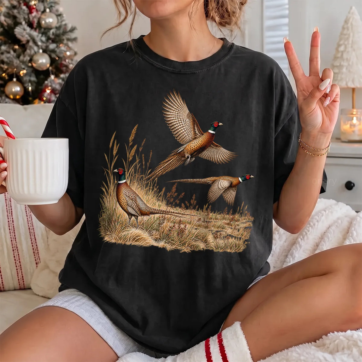 Pheasants in Flight T-Shirt Women model in Black