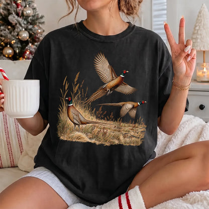 Pheasants in Flight T-Shirt Women model in Black