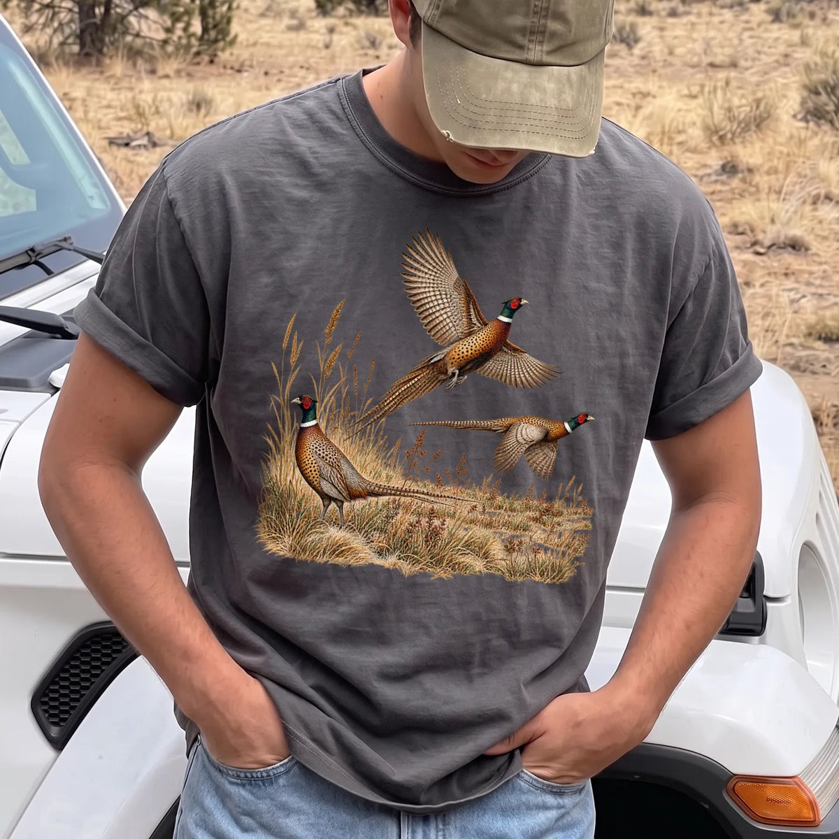 Pheasants in Flight T-Shirt Men model in Pepper