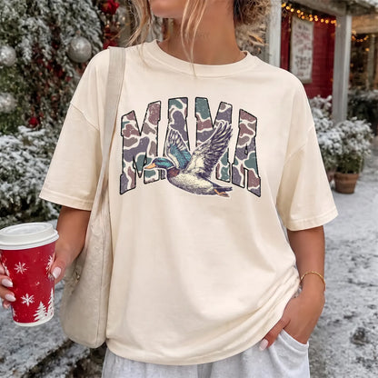 Pink Camo Hunting Mama T-Shirt Women model in Ivory