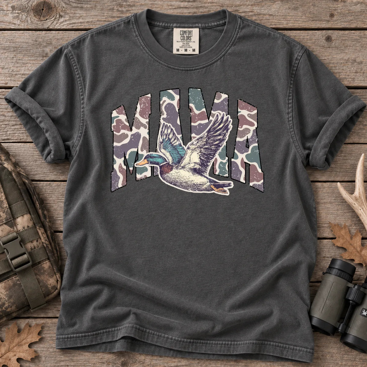 Pink Camo Hunting Mama T-Shirt in Pepper
