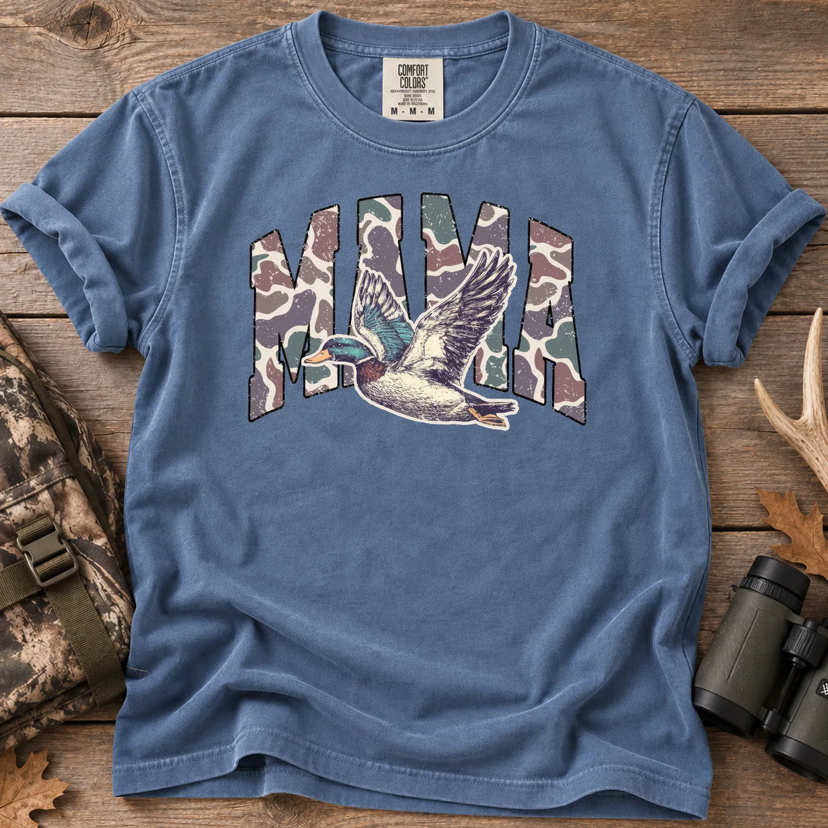 Pink Camo Hunting Mama T-Shirt in Blue Jean
