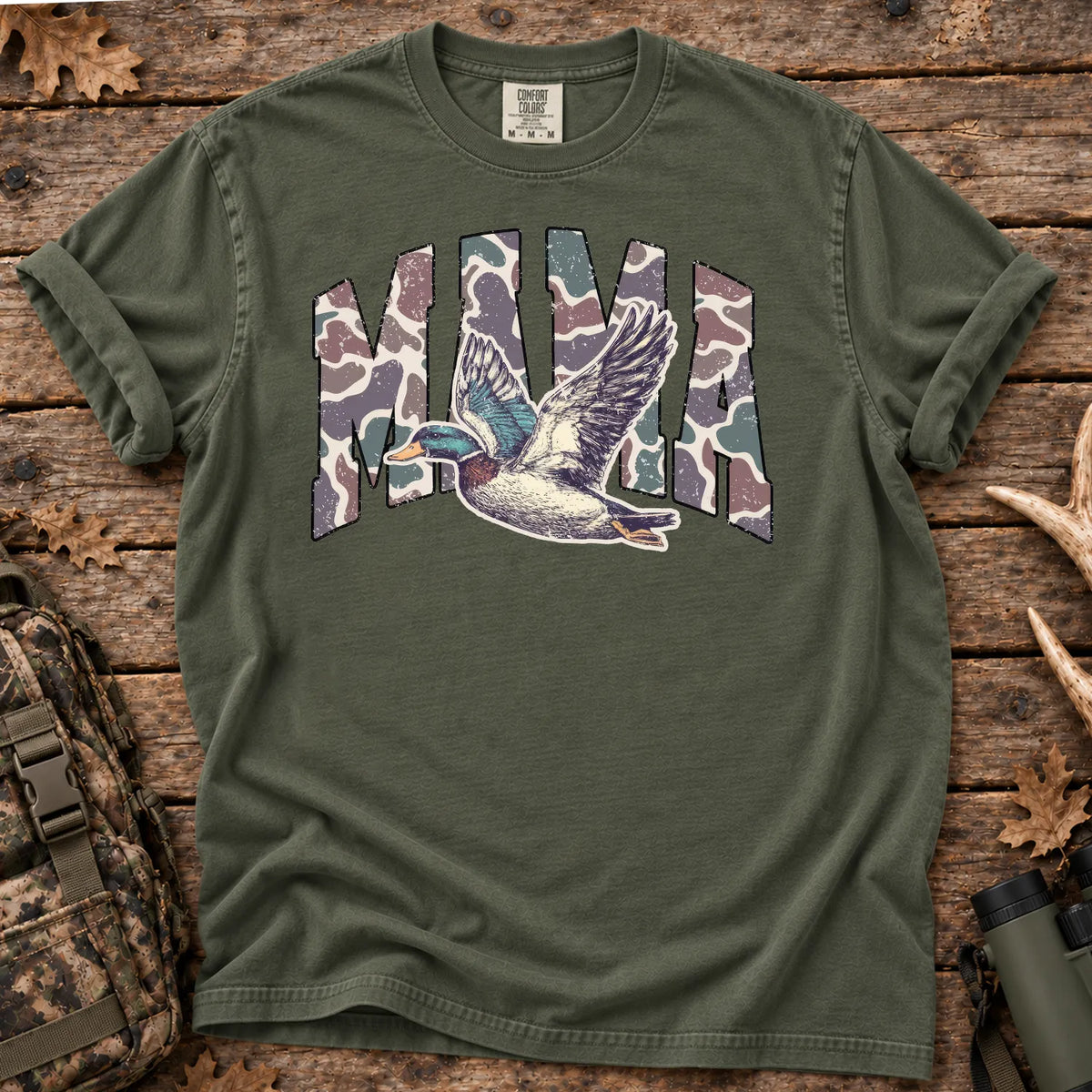 Pink Camo Hunting Mama T-Shirt in Moss