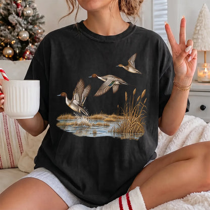 Pintail Ducks in Flight T-Shirt Women model in Black