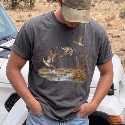 Pintail Ducks in Flight T-Shirt Men model in Pepper