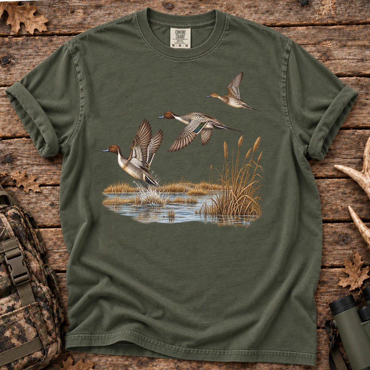 Pintail Ducks in Flight T-Shirt in Moss
