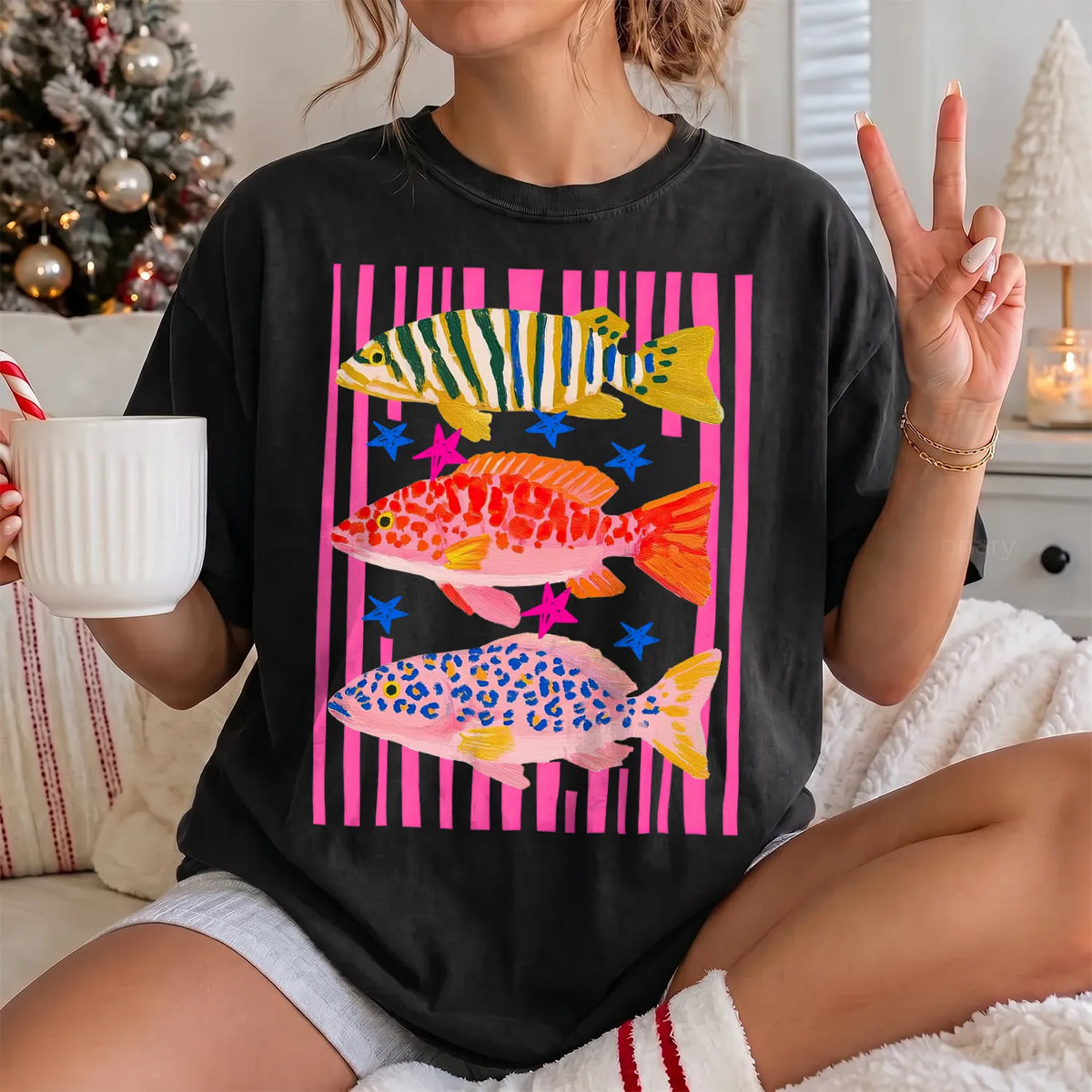 Preppy Colorful Fish T-Shirt Women model in Black