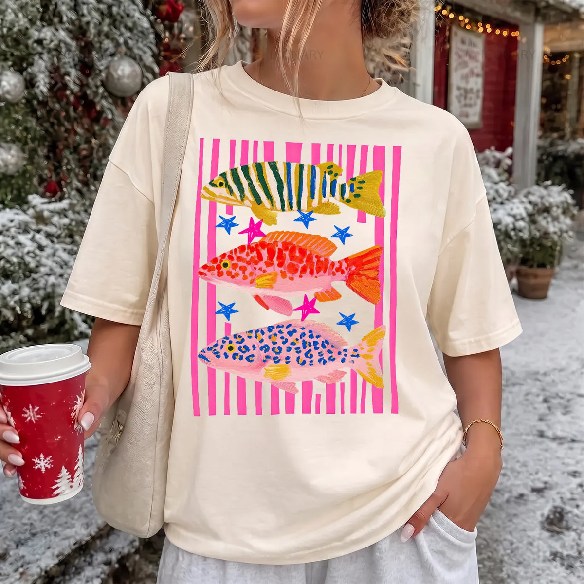 Preppy Colorful Fish T-Shirt Women model in Ivory