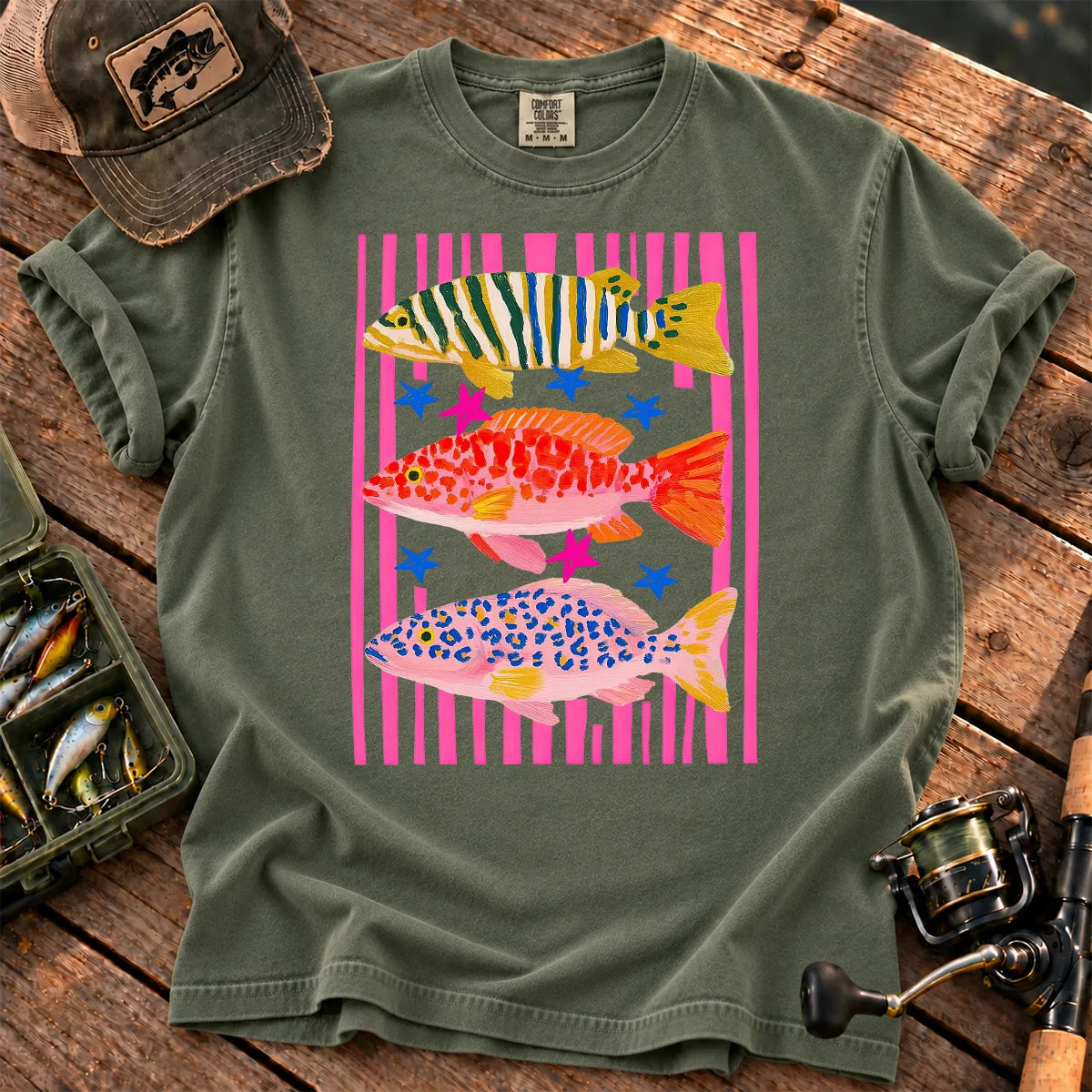 Preppy Colorful Fish T-Shirt in Moss