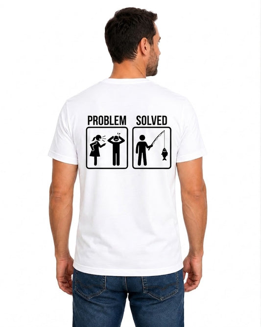White T-shirt back with Problem and Solved pictograms changing an argument into fishing reading 'PROBLEM SOLVED'