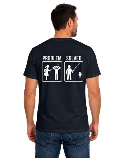 Black T-shirt back with Problem and Solved pictograms changing an argument into fishing