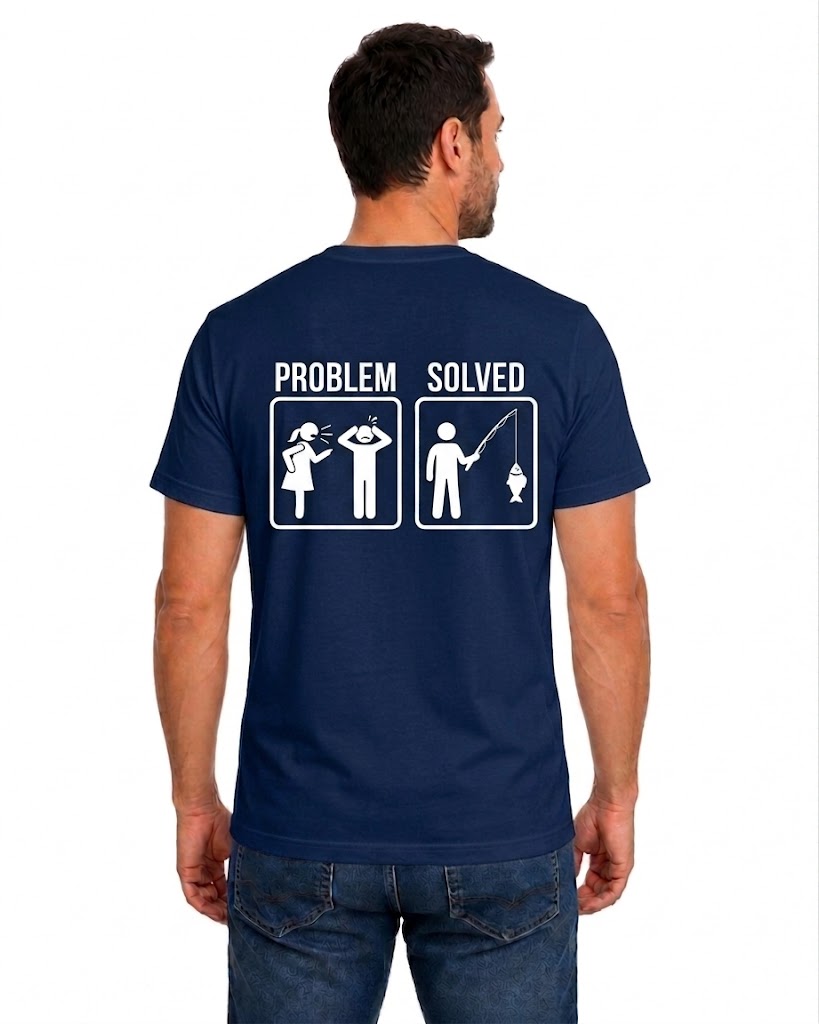 Navy T-shirt back with Problem and Solved pictograms changing an argument into fishing