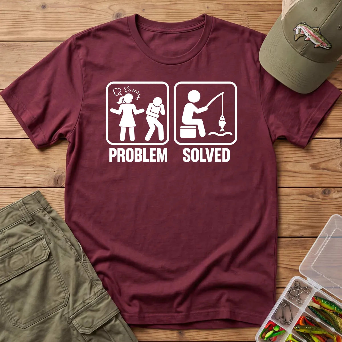 Problem Solved Fishing T-Shirt in Maroon