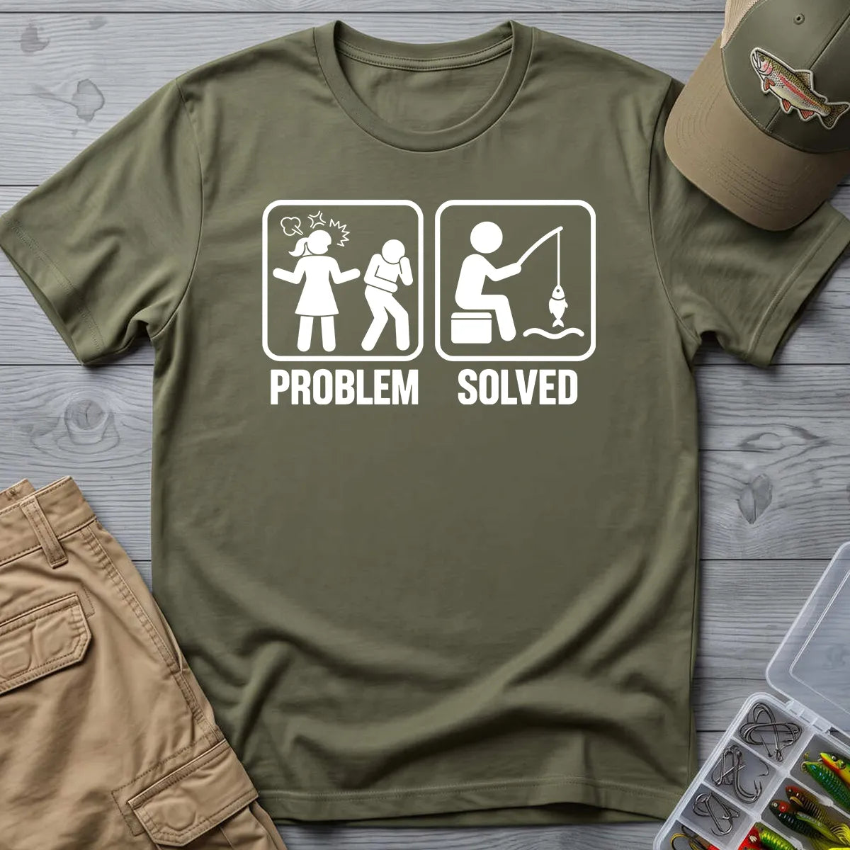 Problem Solved Fishing T-Shirt in Military Green