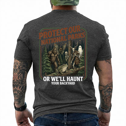 Dark Heather T-shirt back with color forest poster with Bigfoot, Mothman, a frog, ghosts, and a deer-skull creature