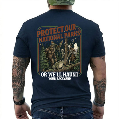 Navy T-shirt back with color forest poster with Bigfoot, Mothman, a frog, ghosts, and a deer-skull creature
