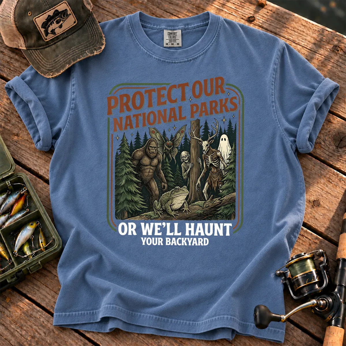 Protect Our National Parks Cryptid Forest T-Shirt in Blue Jean