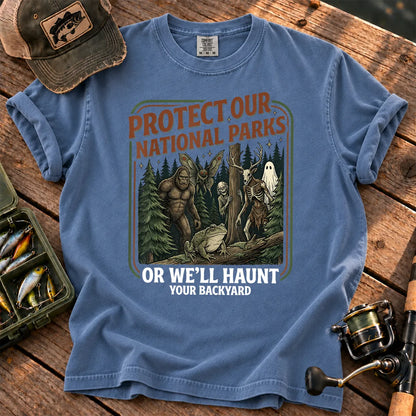 Protect Our National Parks Cryptid Forest T-Shirt in Blue Jean