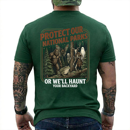 Forest Green T-shirt back with color forest poster with Bigfoot, Mothman, a frog, ghosts, and a deer-skull creature