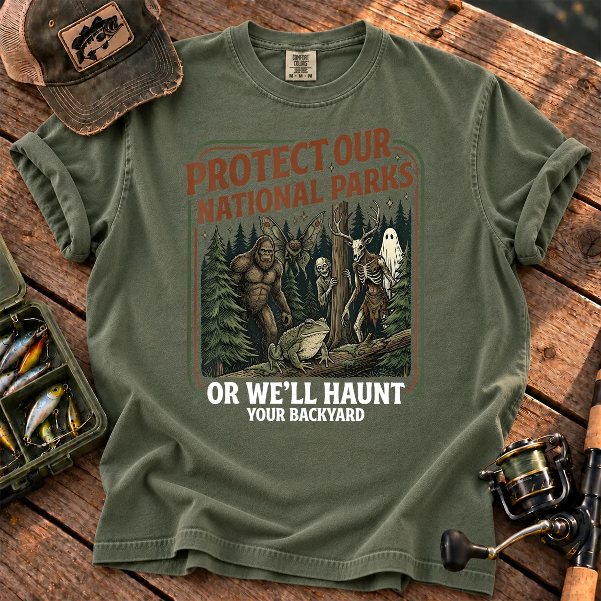 Protect Our National Parks Cryptid Forest T-Shirt in Moss