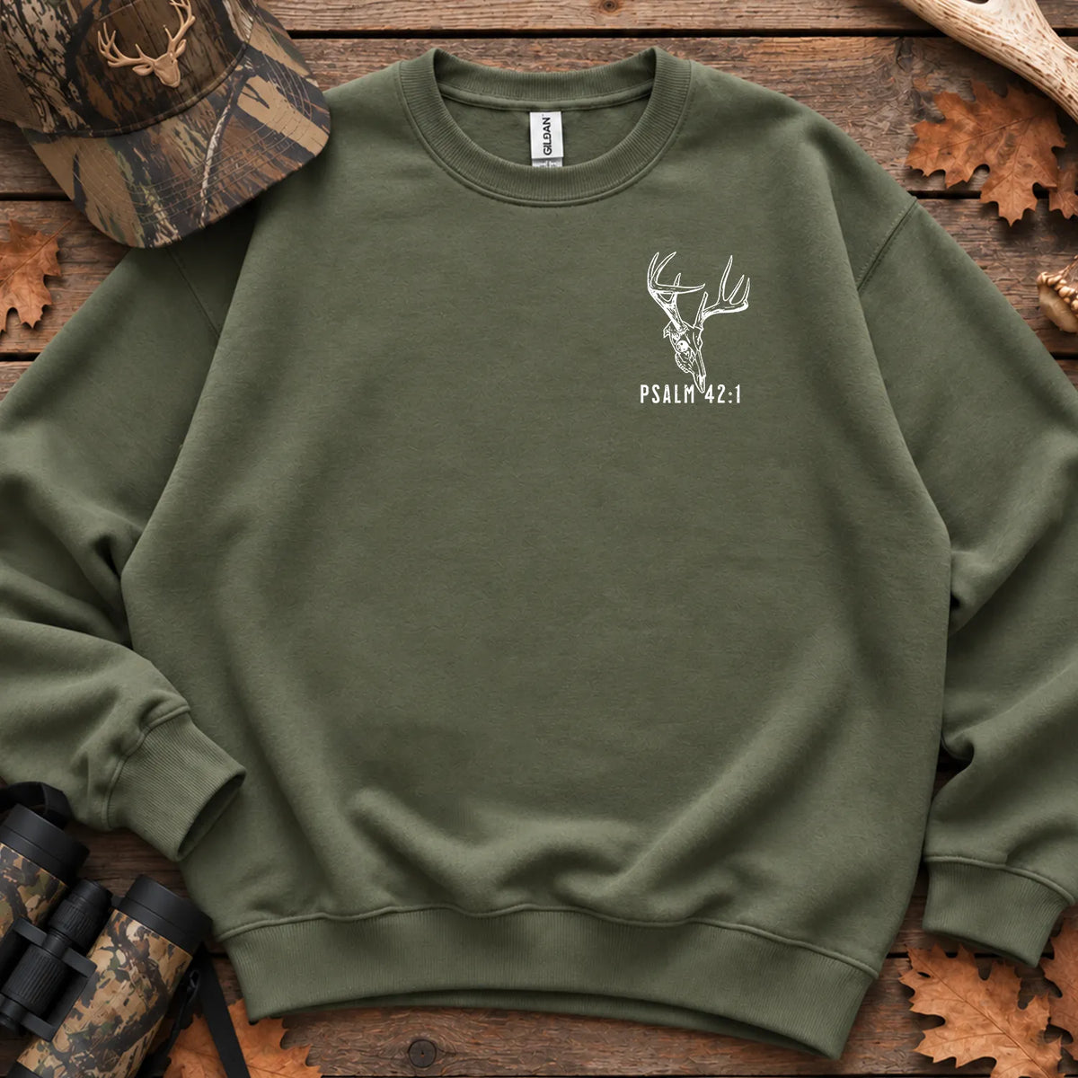 Psalm 42 Christian Deer Sweatshirt in Military Green